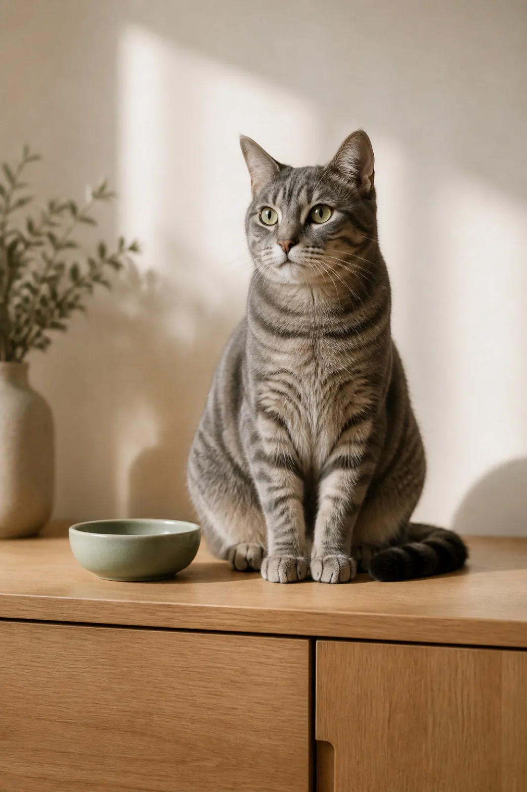Grey tabby cat beside a sage stoneware bowl