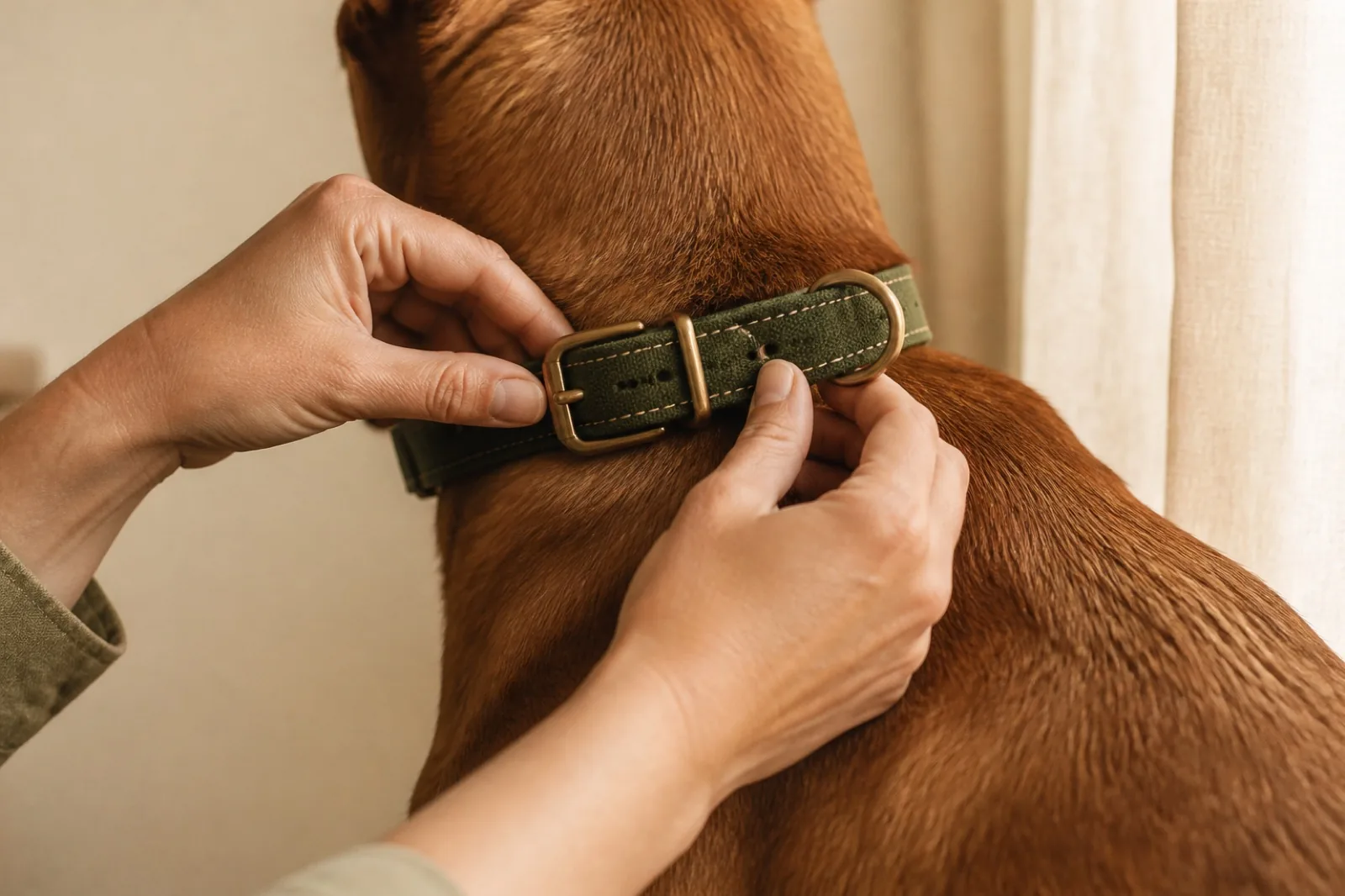 Waxed canvas collar being fastened on a dog