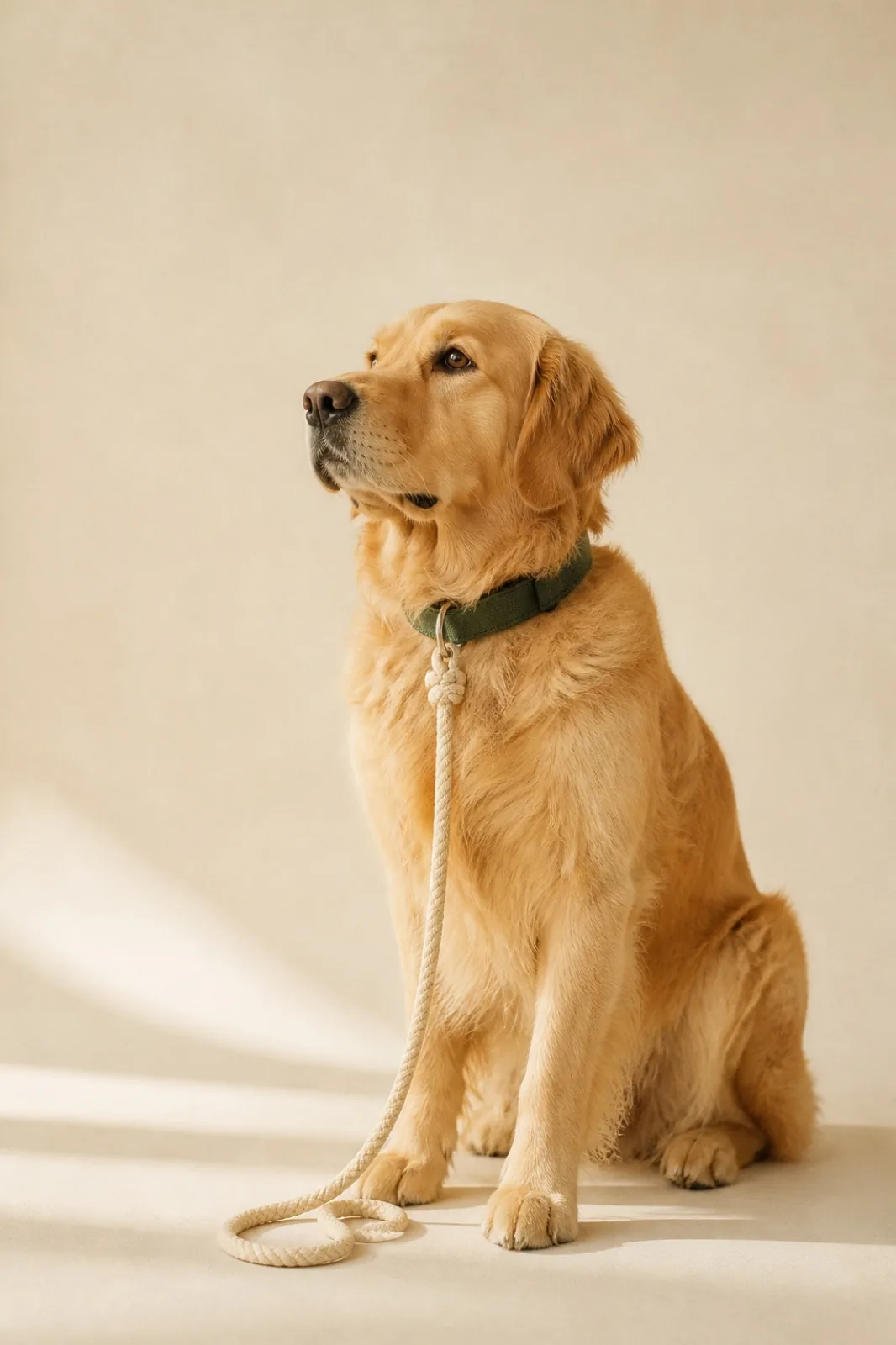 Golden retriever wearing a forest-green canvas collar and cream rope lead