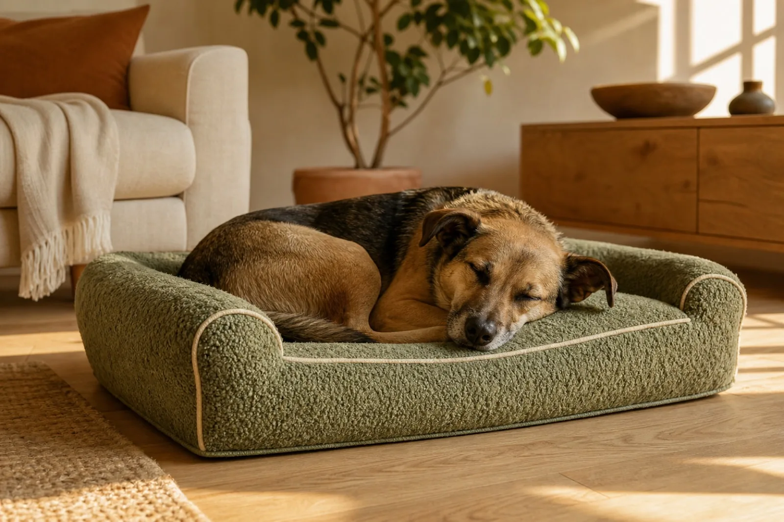 Dog sleeping on a sage boucle bed